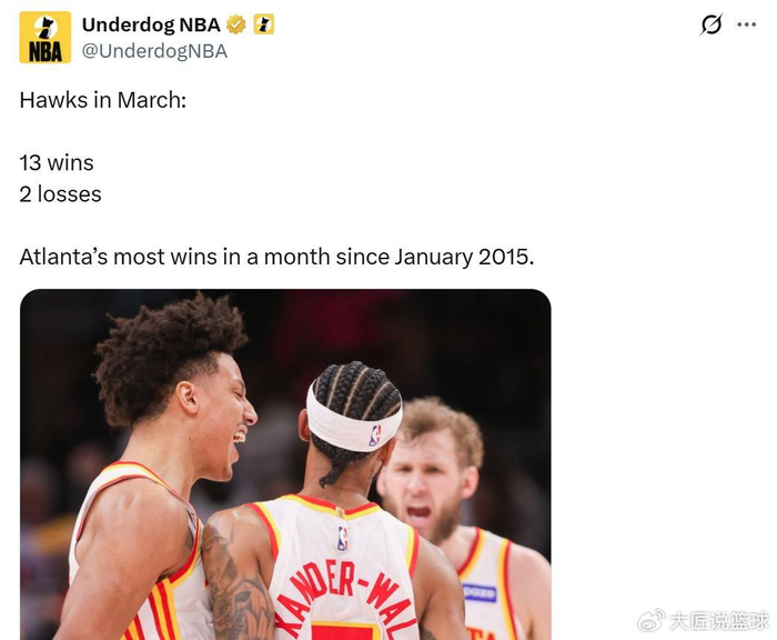 老鹰掀翻东部第二创18战16胜纪录 约翰逊比肩约基